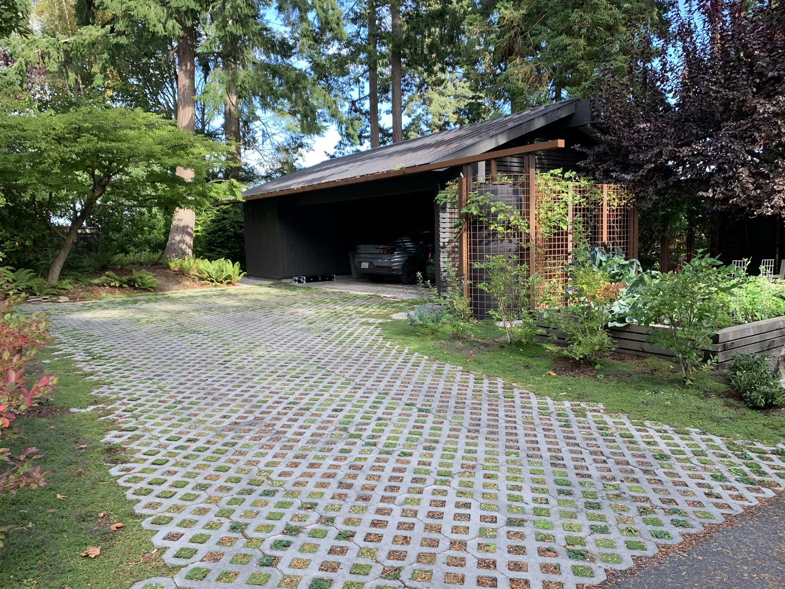 Grass-filled paving and a timber garden structure integrated with mature planting